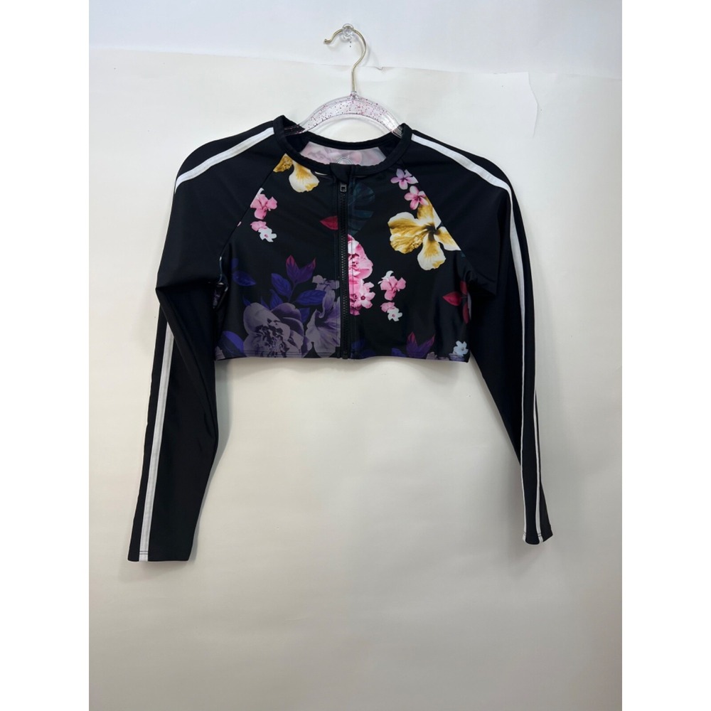 Wonder Nation Black loral Stripes Long Sleeve Top Zip Up Girls Sz 18 XXL
